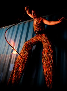 Fire Whip, Stephen Hues on Stilts with SkyFire, 2014, Costume by Stephen Hues.